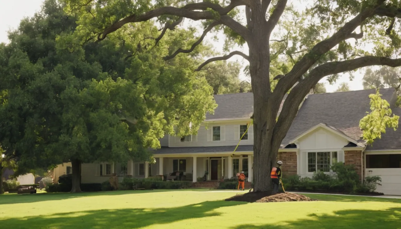A provider's crew taking down a tall tree in a residential yard in the Mason area